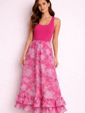 Tradition | Vintage Pink Floral Midi Skirt | Elastic Waist | Double Ruffle Hem